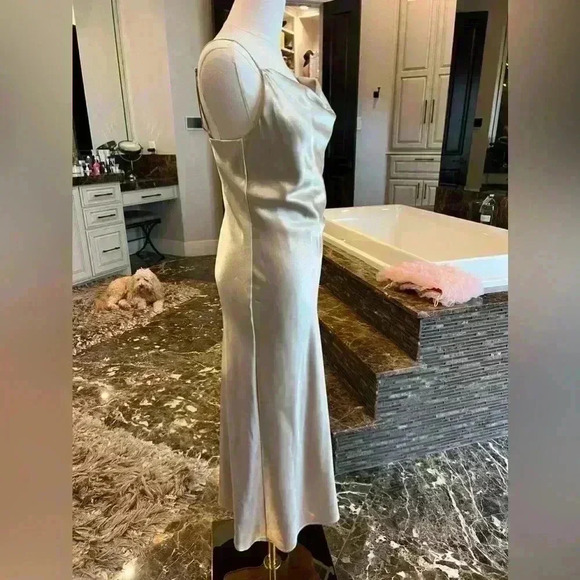 Birdy Grey Champagne Metallic Drape Neck Shiny Satin Dress-Size Small - Picture 5 of 7